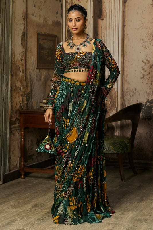 DARK GREEN PRINTED AND HIGHLIGHTED TIERED SKIRT SAREE SET