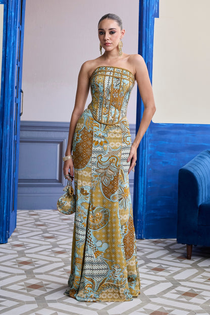 YELLOW STRUCTURED CORSET WITH BEADED MERMAID SKIRT SET