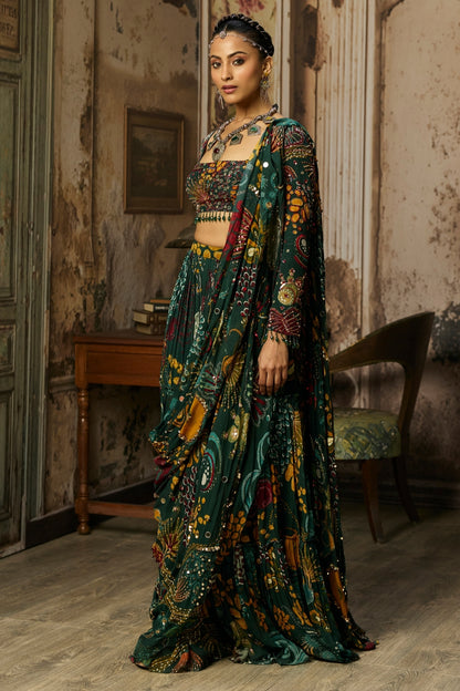 DARK GREEN PRINTED AND HIGHLIGHTED TIERED SKIRT SAREE SET