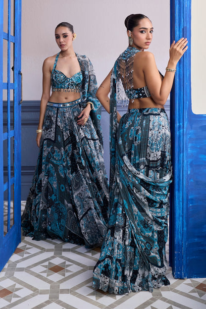 TEAL & BLACK MOSAIC HALTER BLOUSE WITH PRINTED LEHENGA & DUPATTA SET