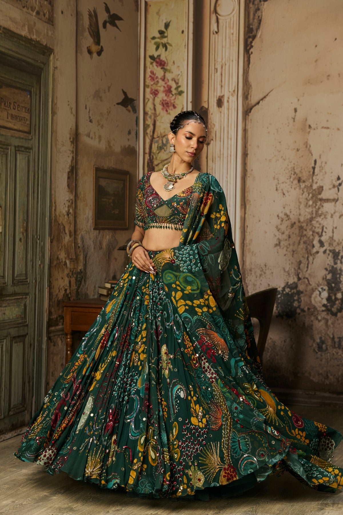 DARK GREEN PRINTED AND HIGHLIGHTED LEHENGA SET