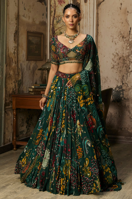 DARK GREEN PRINTED AND HIGHLIGHTED LEHENGA SET