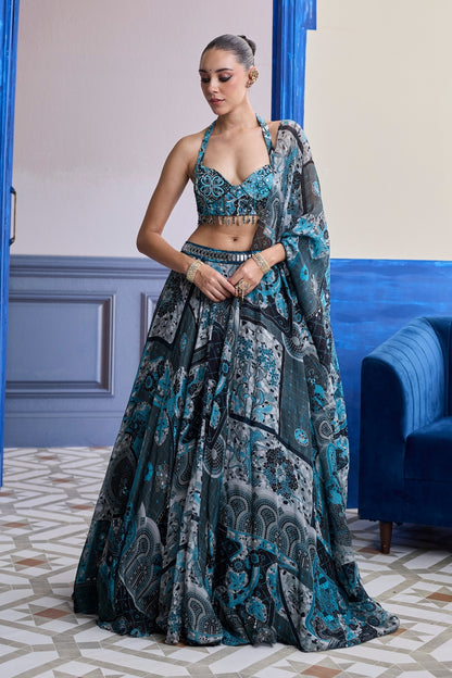 TEAL & BLACK MOSAIC HALTER BLOUSE WITH PRINTED LEHENGA & DUPATTA SET