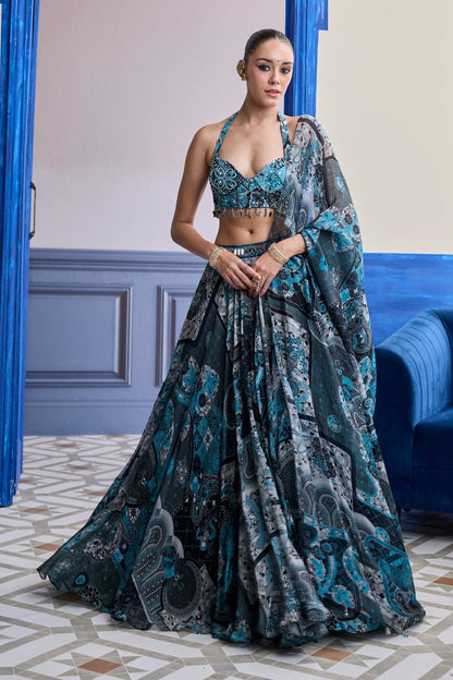 TEAL & BLACK MOSAIC HALTER BLOUSE WITH PRINTED LEHENGA & DUPATTA SET
