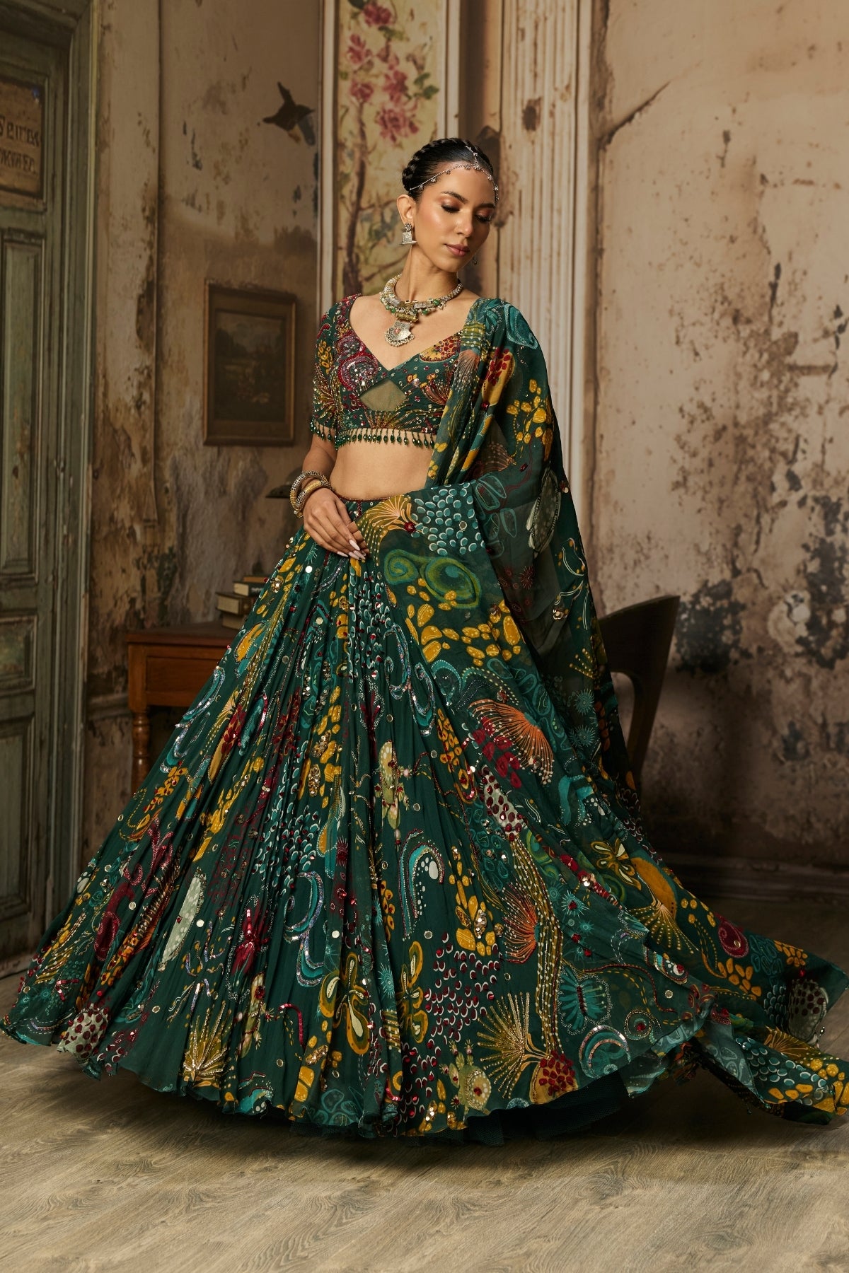 DARK GREEN PRINTED AND HIGHLIGHTED LEHENGA SET