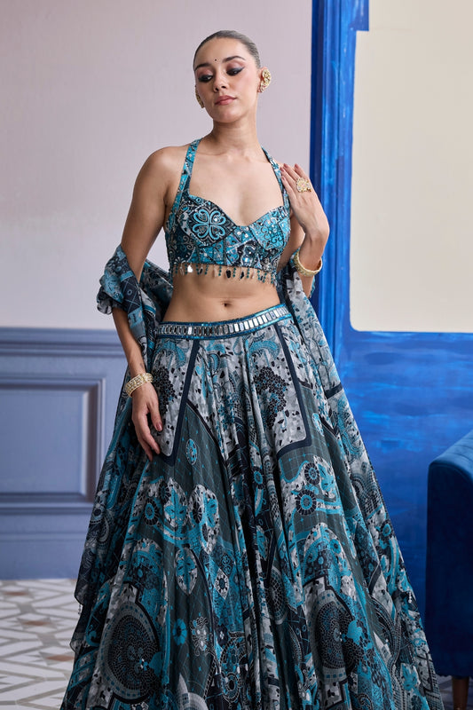 TEAL & BLACK MOSAIC HALTER BLOUSE WITH PRINTED LEHENGA & DUPATTA SET