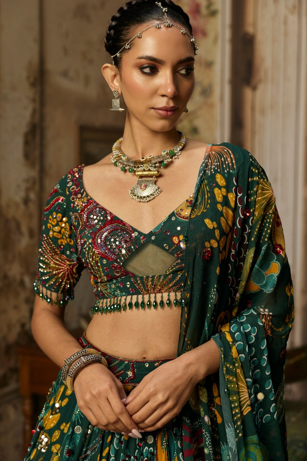 DARK GREEN PRINTED AND HIGHLIGHTED LEHENGA SET
