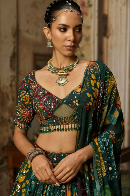 DARK GREEN PRINTED AND HIGHLIGHTED LEHENGA SET