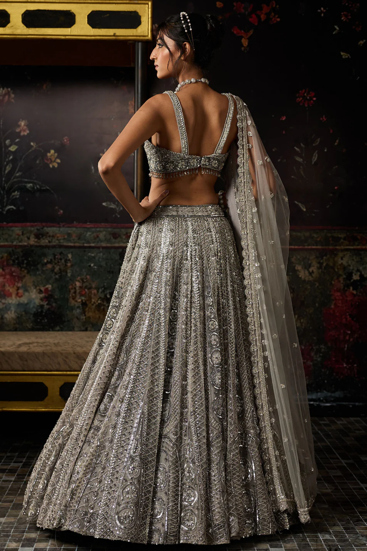 GREY GUNMETAL EMBELLISHED ARC CIRCLE LEHENGA SET