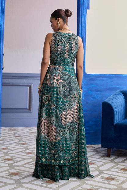 TEAL FLORAL V-NECK STRUCTURED KURTI WITH FLARED PANTS SET