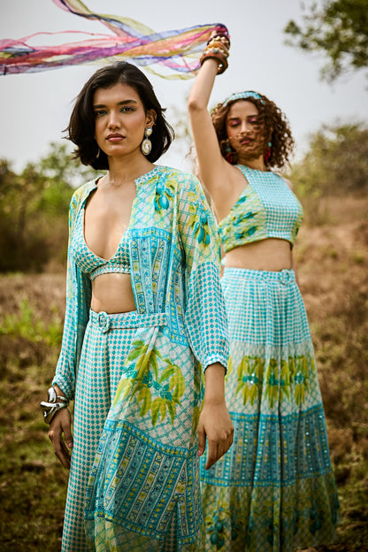 Aqua Green Printed Jacket set