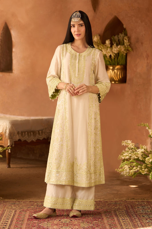 Ena - Daisy Ivory With Mint Green Long A-line Kurta With Palazzo And Dupatta