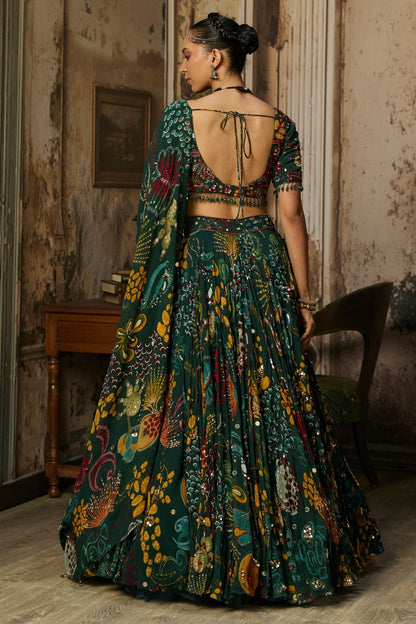 DARK GREEN PRINTED AND HIGHLIGHTED LEHENGA SET