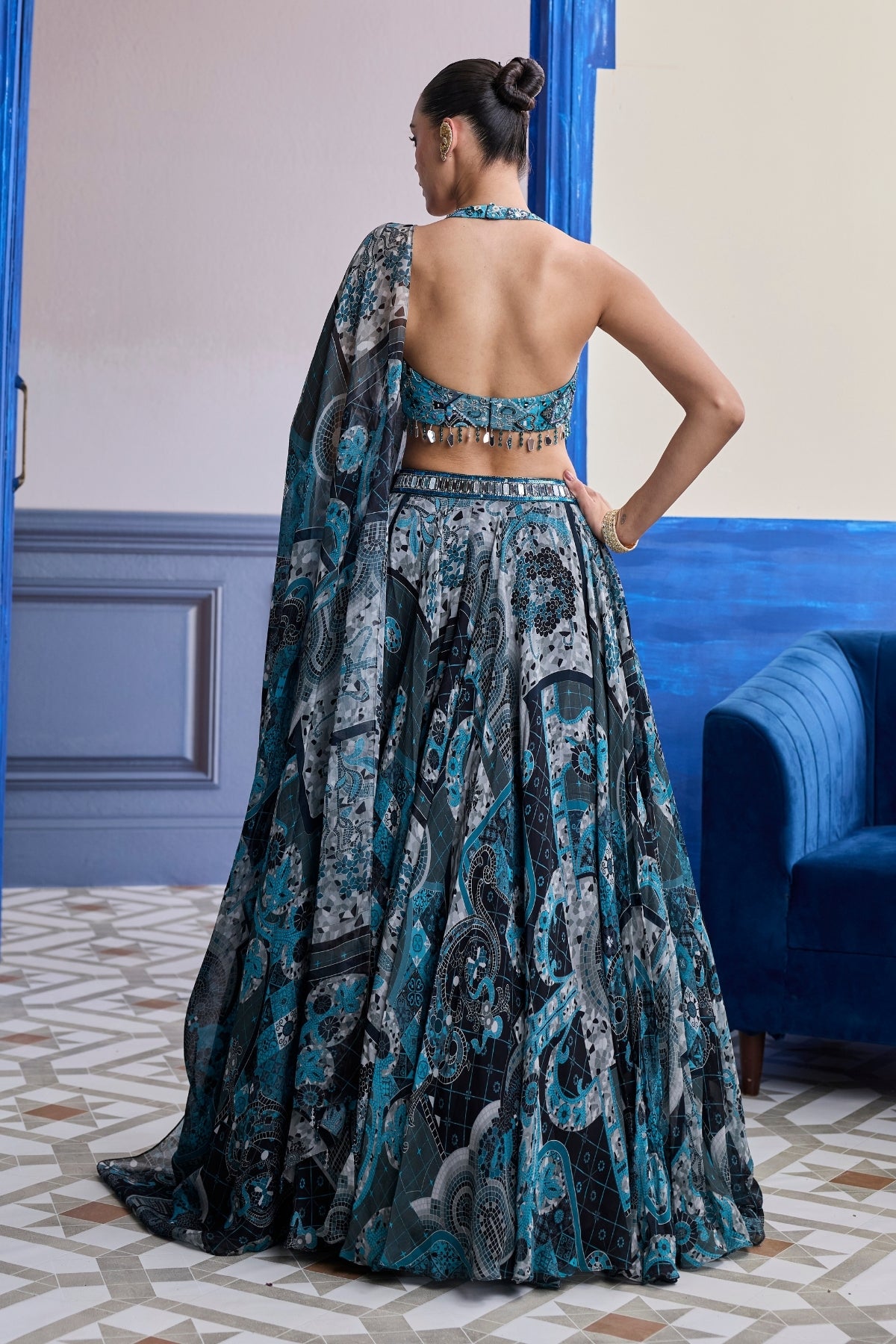 TEAL & BLACK MOSAIC HALTER BLOUSE WITH PRINTED LEHENGA & DUPATTA SET