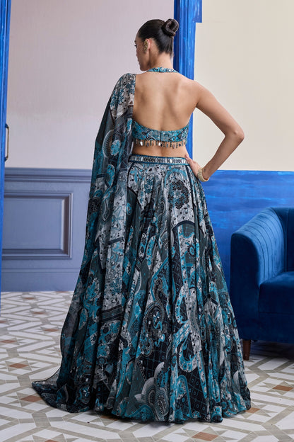 TEAL & BLACK MOSAIC HALTER BLOUSE WITH PRINTED LEHENGA & DUPATTA SET