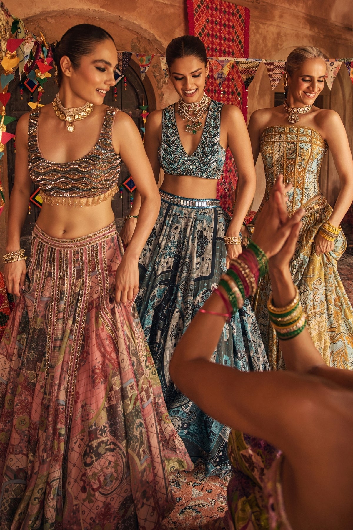TEAL & BLACK EMBROIDERED BLOUSE WITH PRINTED LEHENGA & DUPATTA SET