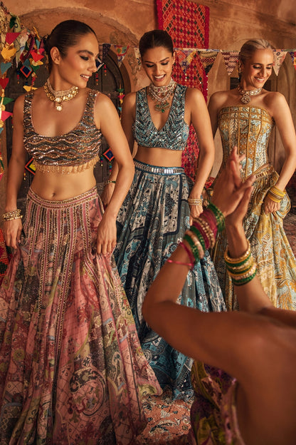 TEAL & BLACK EMBROIDERED BLOUSE WITH PRINTED LEHENGA & DUPATTA SET