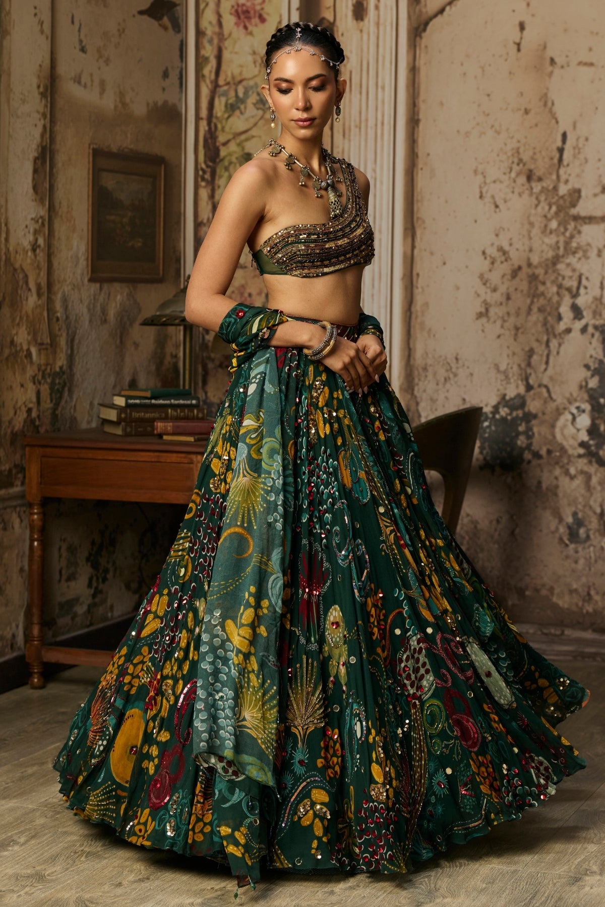 DARK GREEN EMBELLISHED BOUSE WITH PRINTED AND HIGHLIGHTED LEHENGA SET