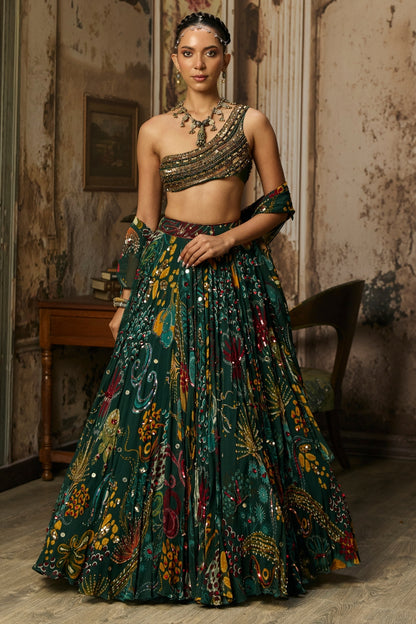 DARK GREEN EMBELLISHED BOUSE WITH PRINTED AND HIGHLIGHTED LEHENGA SET