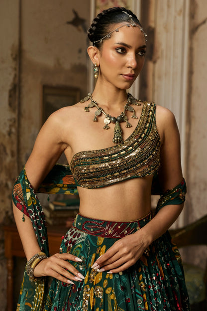 DARK GREEN EMBELLISHED BOUSE WITH PRINTED AND HIGHLIGHTED LEHENGA SET