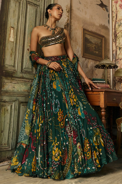 DARK GREEN EMBELLISHED BOUSE WITH PRINTED AND HIGHLIGHTED LEHENGA SET