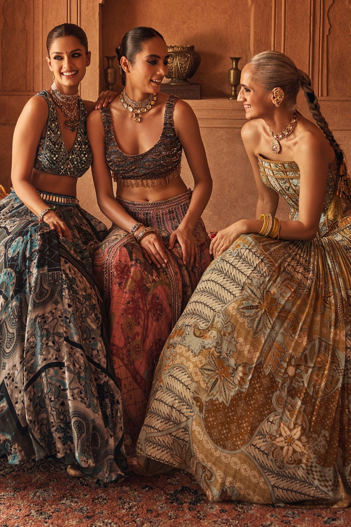 TEAL & BLACK EMBROIDERED BLOUSE WITH PRINTED LEHENGA & DUPATTA SET
