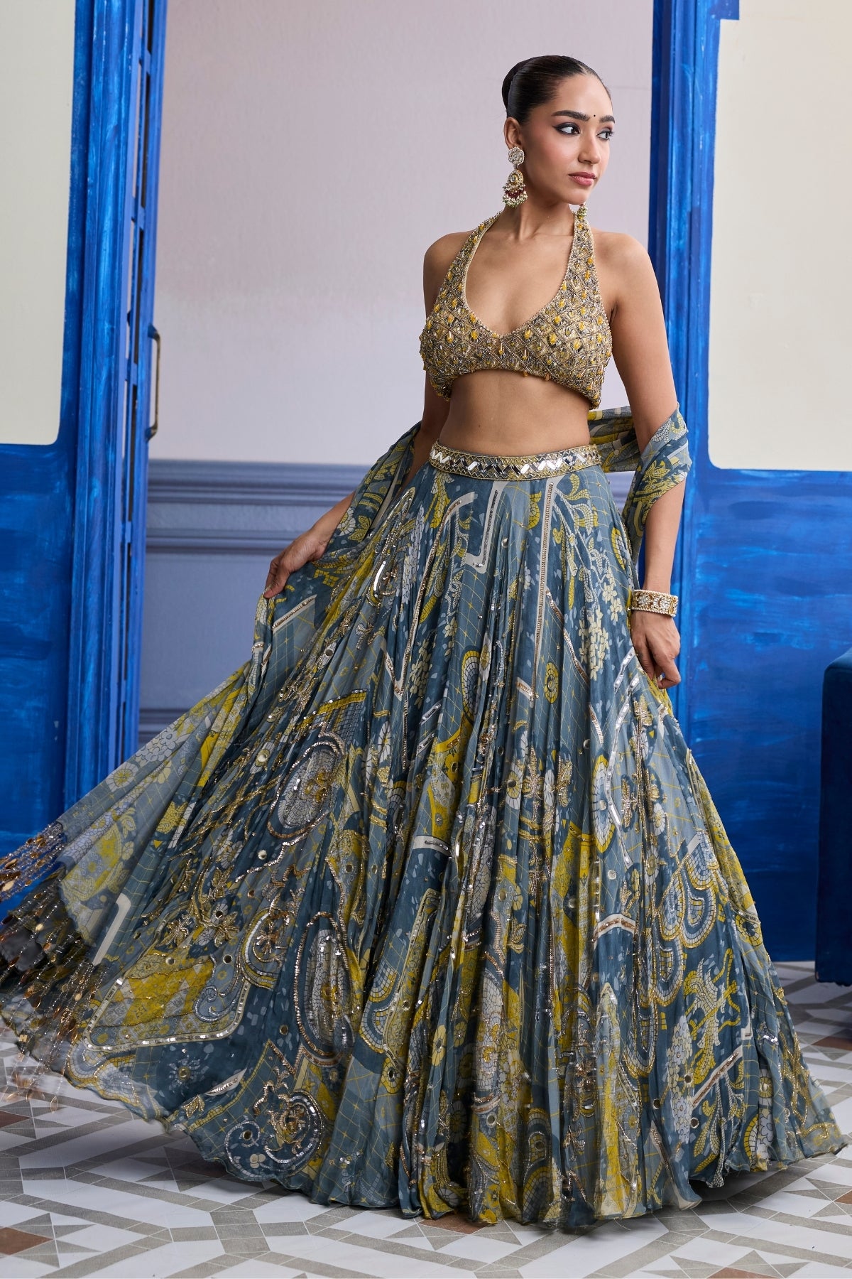 GREY & YELLOW EMBROIDERED BLOUSE WITH HIGHLIGHTED LEHENGA & TASSEL DUPATTA SET