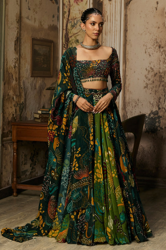 DARK GREEN DUAL PRINTED AND HIGHLIGHTED LEHENGA SET