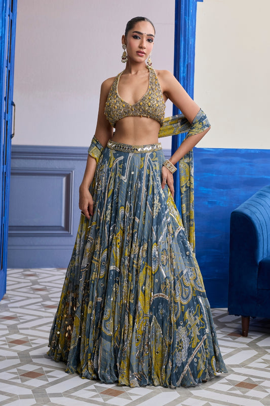 GREY & YELLOW EMBROIDERED BLOUSE WITH HIGHLIGHTED LEHENGA & TASSEL DUPATTA SET
