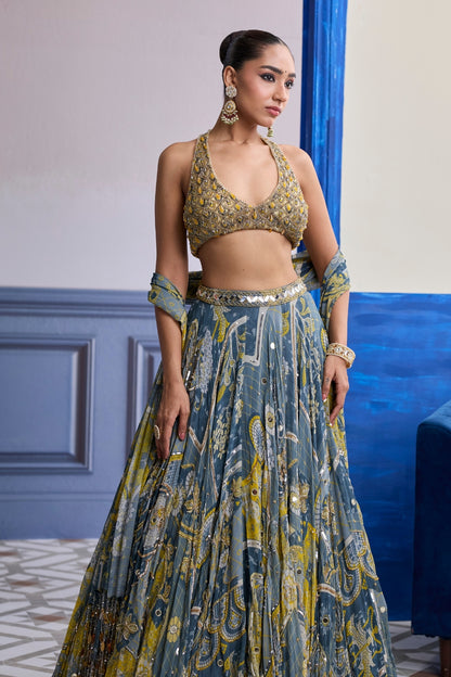 GREY & YELLOW EMBROIDERED BLOUSE WITH HIGHLIGHTED LEHENGA & TASSEL DUPATTA SET