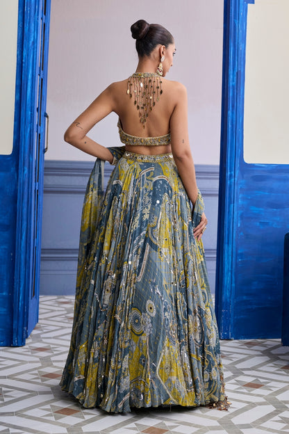GREY & YELLOW EMBROIDERED BLOUSE WITH HIGHLIGHTED LEHENGA & TASSEL DUPATTA SET