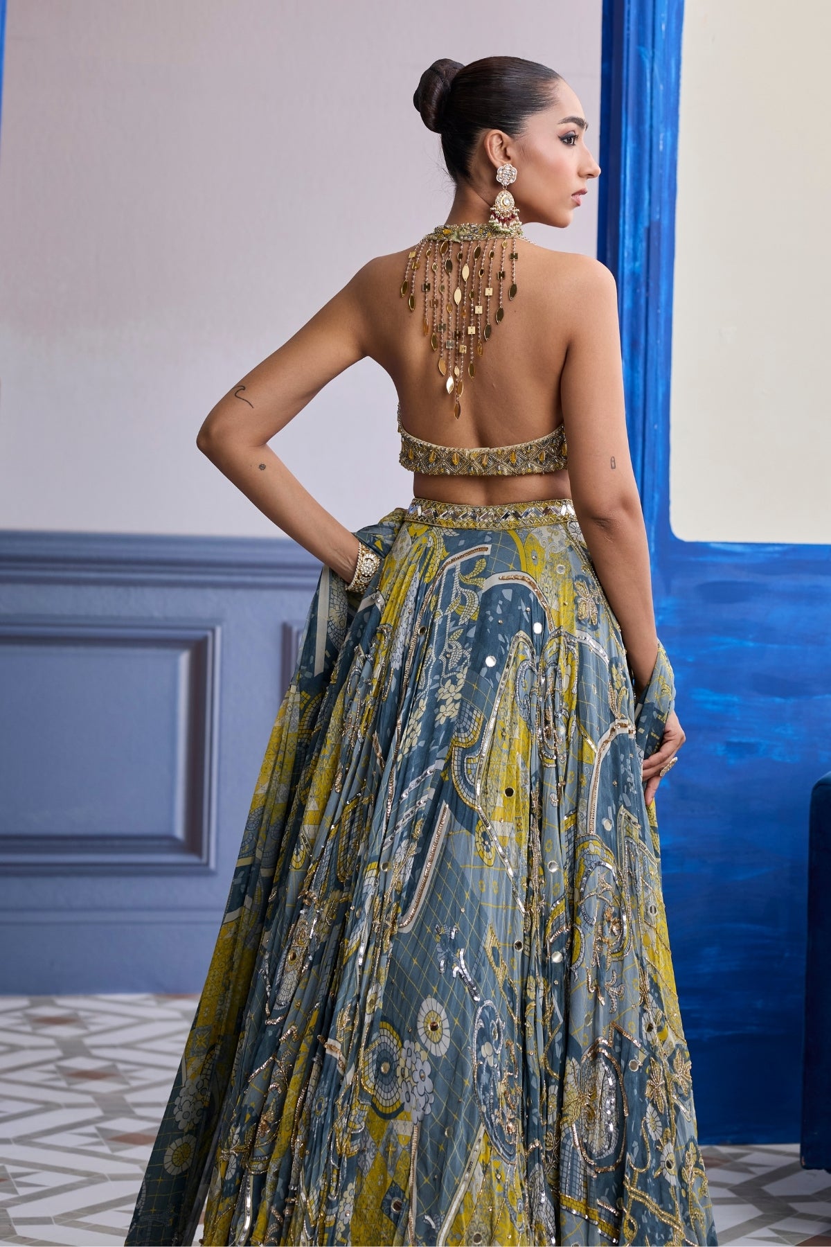 GREY & YELLOW EMBROIDERED BLOUSE WITH HIGHLIGHTED LEHENGA & TASSEL DUPATTA SET