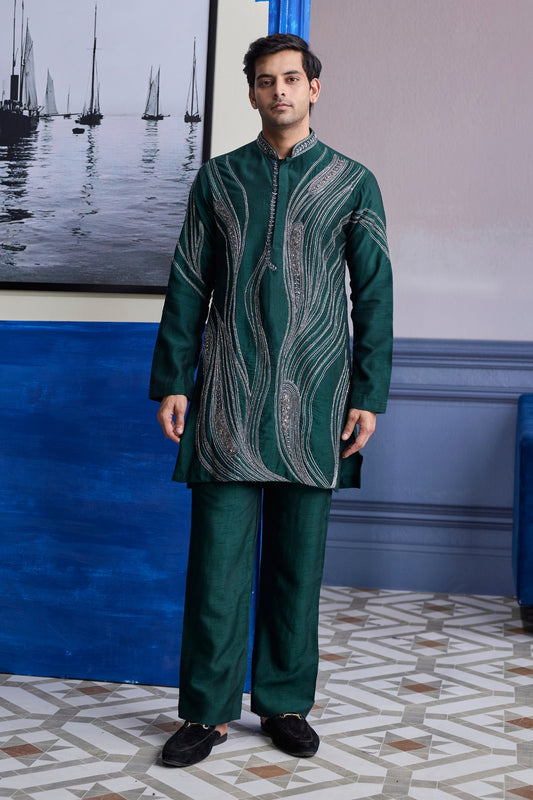 DARK GREEN ZARI EMBROIDERED WAVES KURTA WITH SOLID PANTS