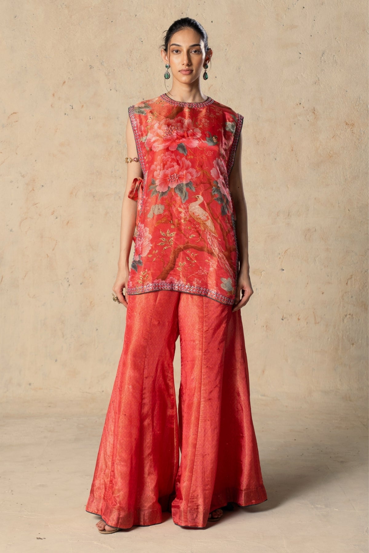 Printed Pink tissue jacket pant set