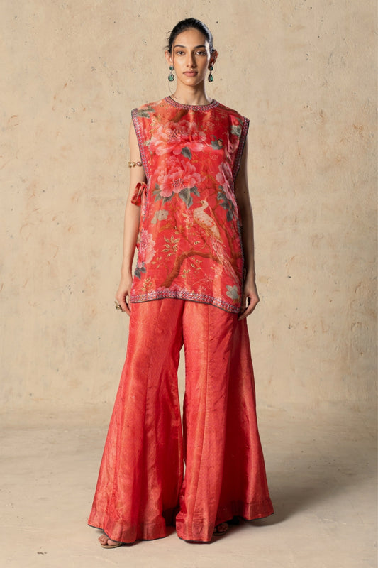 Printed Pink tissue jacket pant set