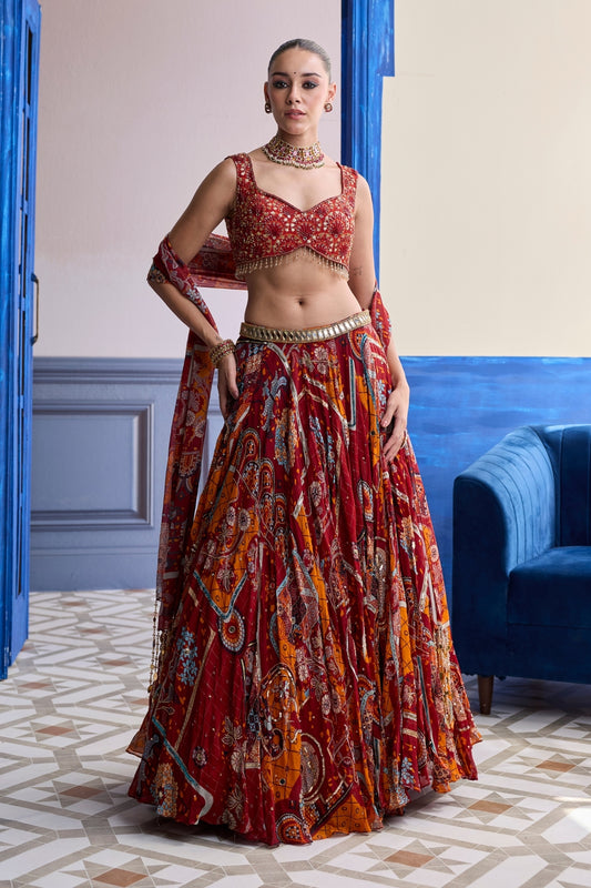 RUST MOSAIC SWEETHEART BLOUSE WITH LEHENGA & TASSEL DUPATTA SET