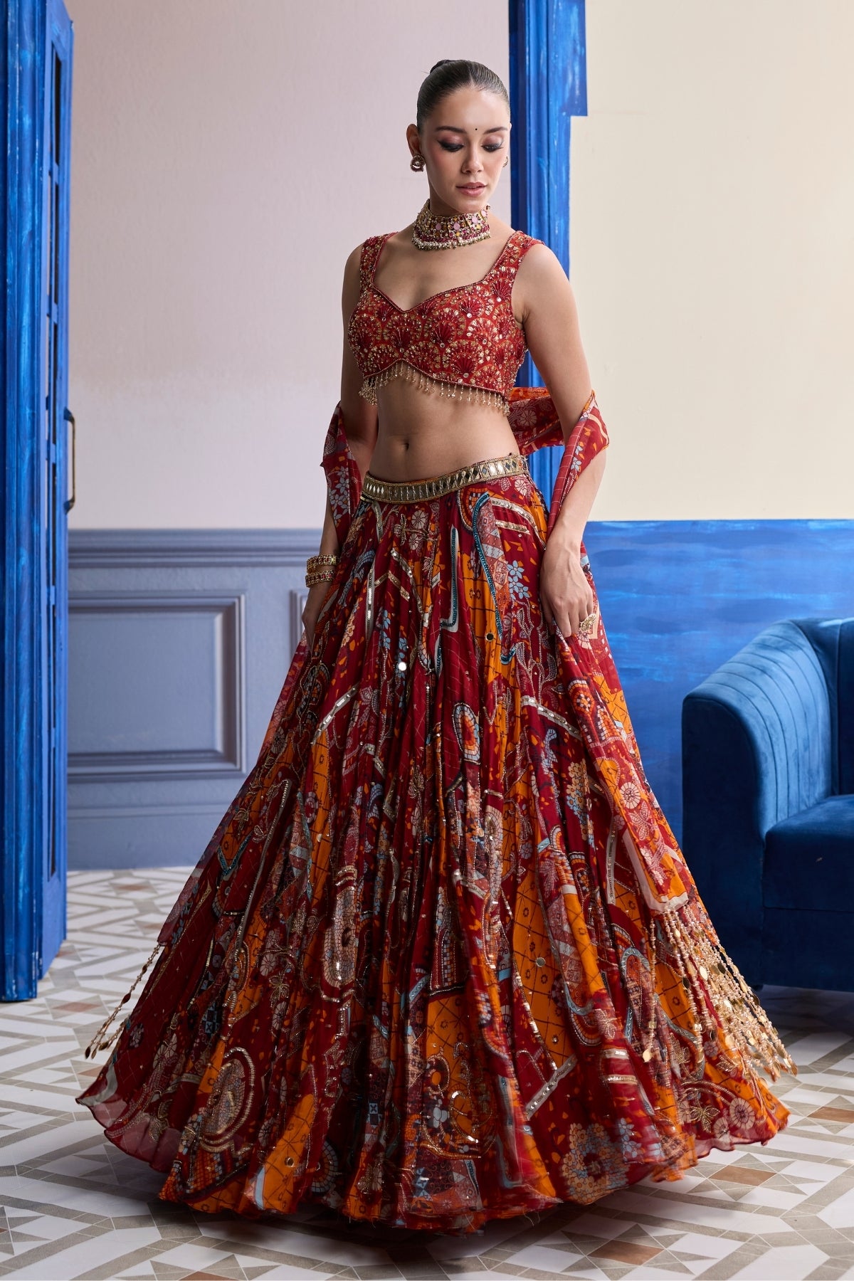 RUST MOSAIC SWEETHEART BLOUSE WITH LEHENGA & TASSEL DUPATTA SET