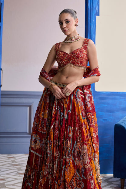 RUST MOSAIC SWEETHEART BLOUSE WITH LEHENGA & TASSEL DUPATTA SET
