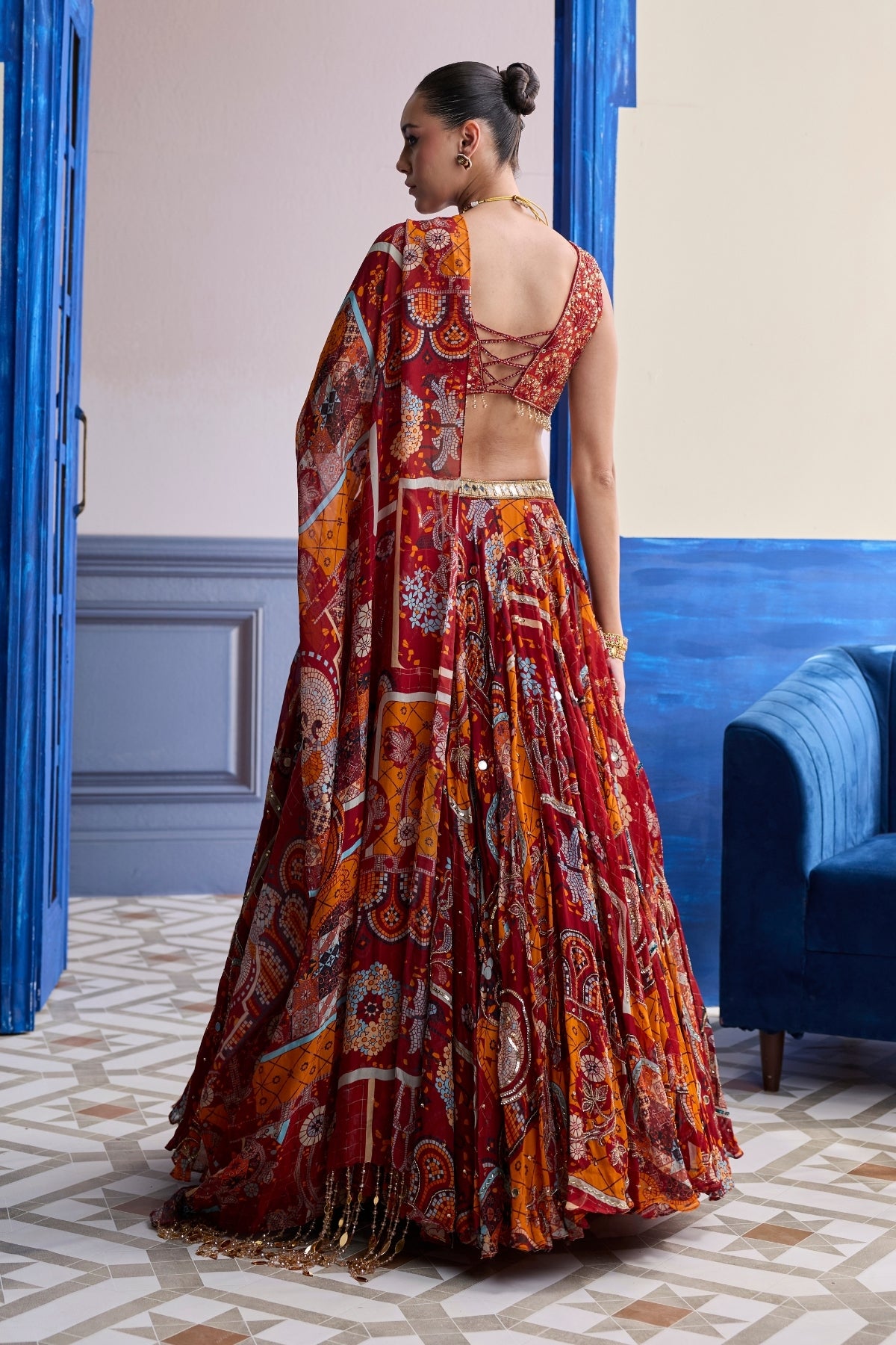 RUST MOSAIC SWEETHEART BLOUSE WITH LEHENGA & TASSEL DUPATTA SET