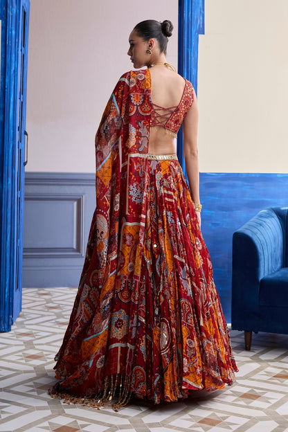 RUST MOSAIC SWEETHEART BLOUSE WITH LEHENGA & TASSEL DUPATTA SET