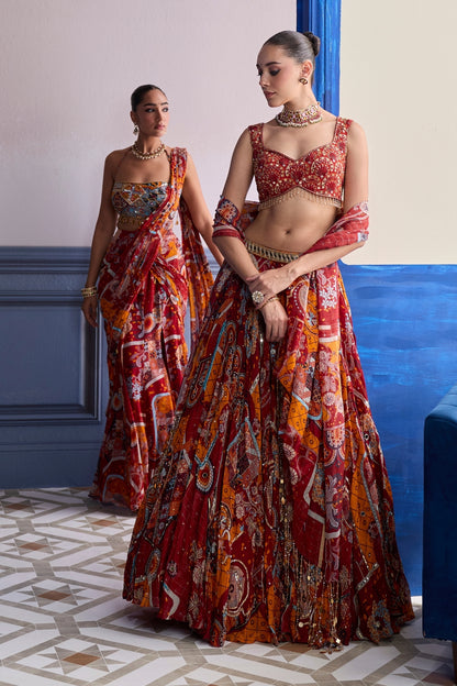 RUST MOSAIC SWEETHEART BLOUSE WITH LEHENGA & TASSEL DUPATTA SET