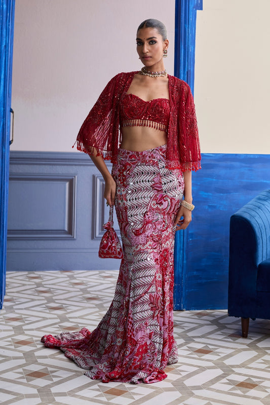 RED EMBROIDERED BLOUSE WITH TASSEL CAPE JACKET & MERMAID SKIRT SET
