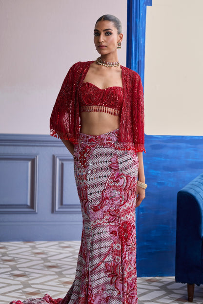 RED EMBROIDERED BLOUSE WITH TASSEL CAPE JACKET & MERMAID SKIRT SET