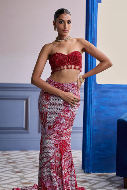 RED EMBROIDERED BLOUSE WITH TASSEL CAPE JACKET & MERMAID SKIRT SET