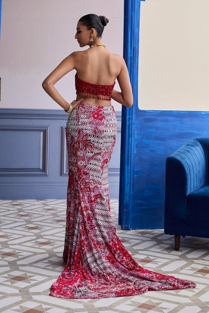 RED EMBROIDERED BLOUSE WITH TASSEL CAPE JACKET & MERMAID SKIRT SET