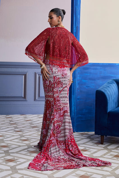 RED EMBROIDERED BLOUSE WITH TASSEL CAPE JACKET & MERMAID SKIRT SET