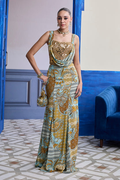 GOLD EMBROIDERED CORSET WITH FLORAL COWL & MERMAID SKIRT SET