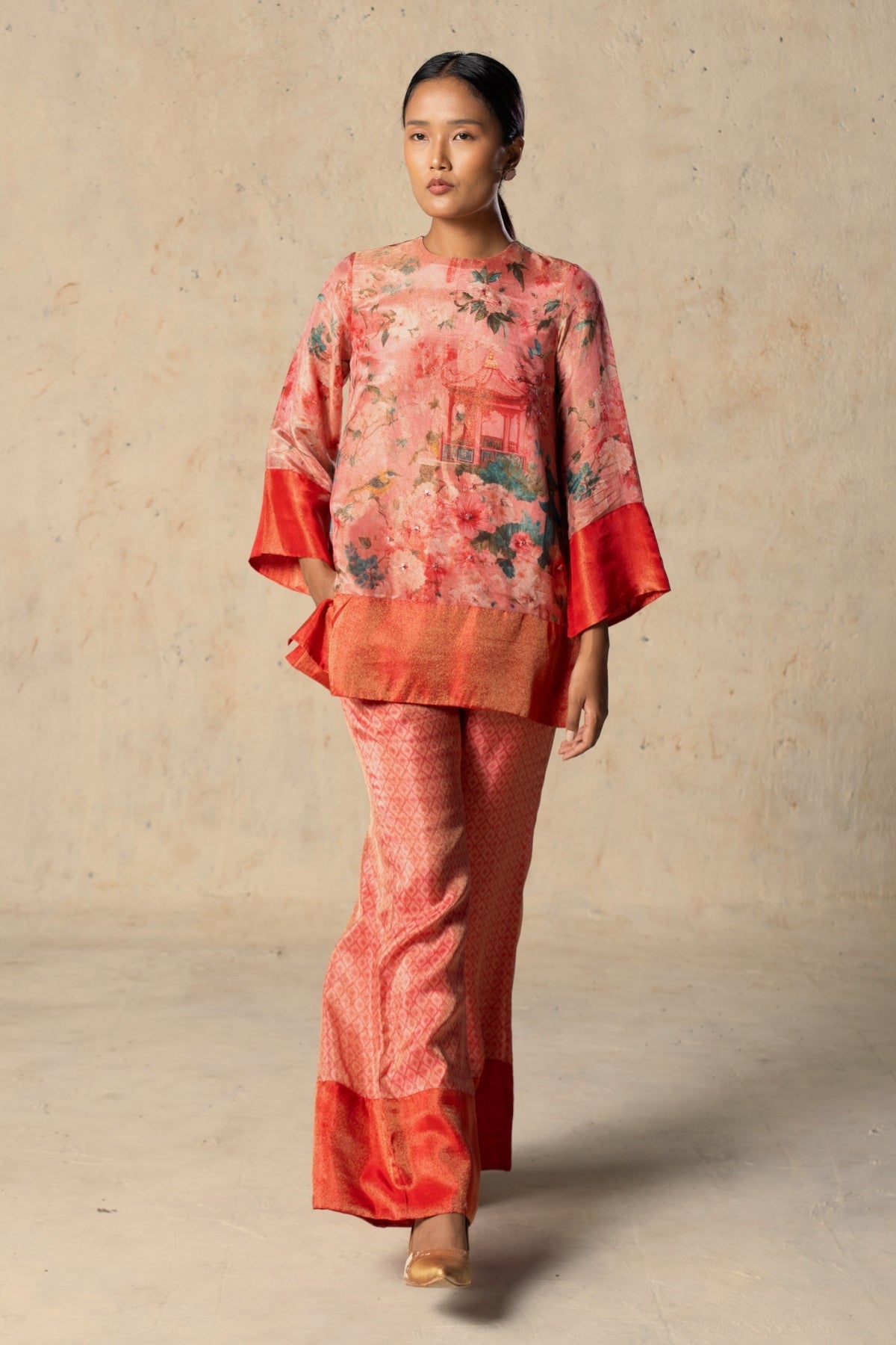 Printed Peach Tissue Pant Set