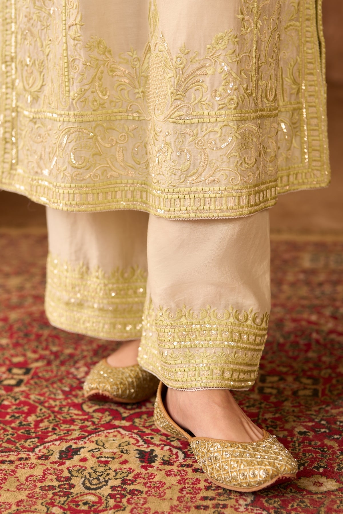 Ena - Daisy Ivory With Mint Green Long A-line Kurta With Palazzo And Dupatta