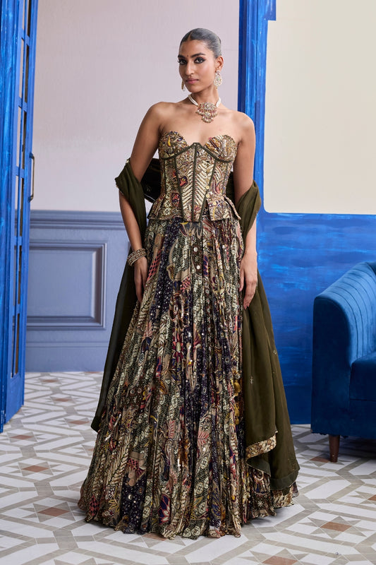 OLIVE PRINT CORSET WITH HIGHLIGHTED LEHENGA & EMBROIDERED DUPATTA SET